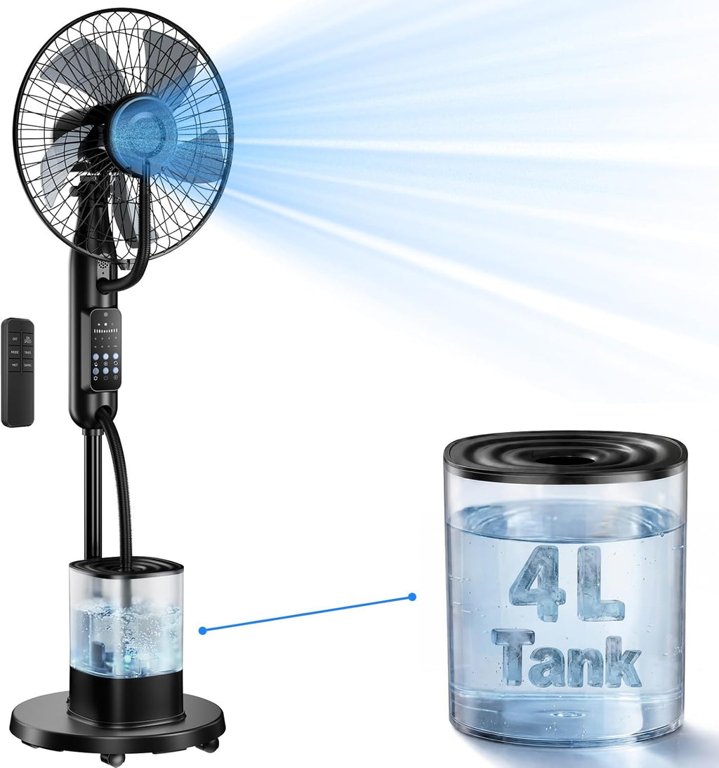 Misting Fan, 2026 Upgraded 4L Large Water Tank Mister Cooling Fan, 5 Speeds 3 Modes Misting Standing Fan, Floor Fan with Remote for Home, Bedroom, Patio, Outdoor
