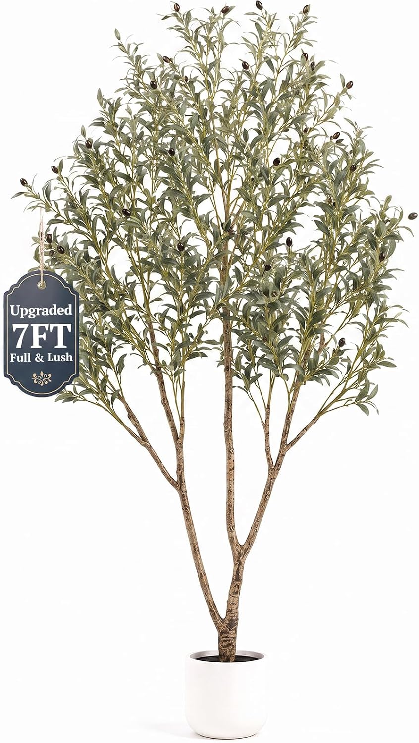 Olive Trees Artificial Indoor 7FT, Tall Faux Olive Tree | 8.8lb Heavy Base, Upgraded Silk Faux Olive Tree with Realistic Leaves & Fruits, for Home Office Decor Living Room