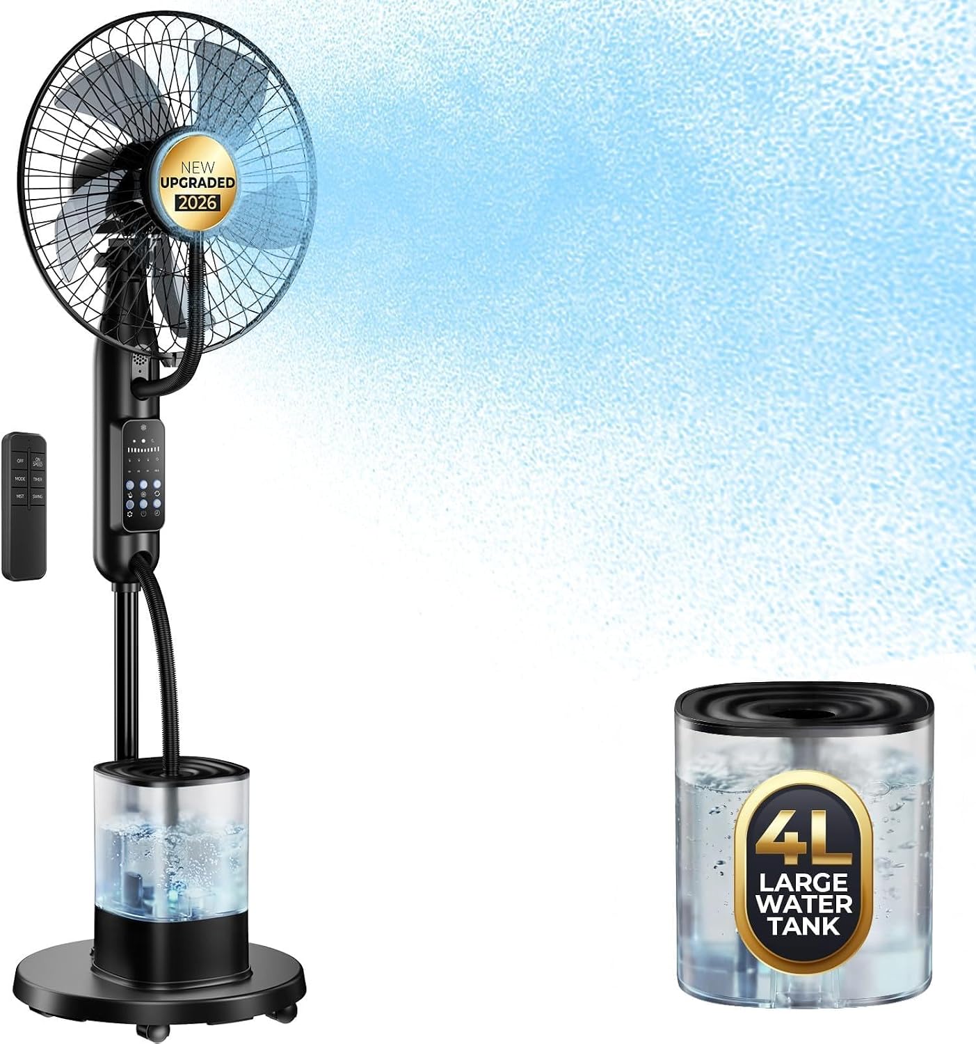 Upgraded Misting Fan with 4L Large Water Tank | 1.06 Gallon Fine Mist Fan, 5 Speeds 3 Modes Misting Standing Fan with Remote, Floor Fan for Home, Bedroom, Patio