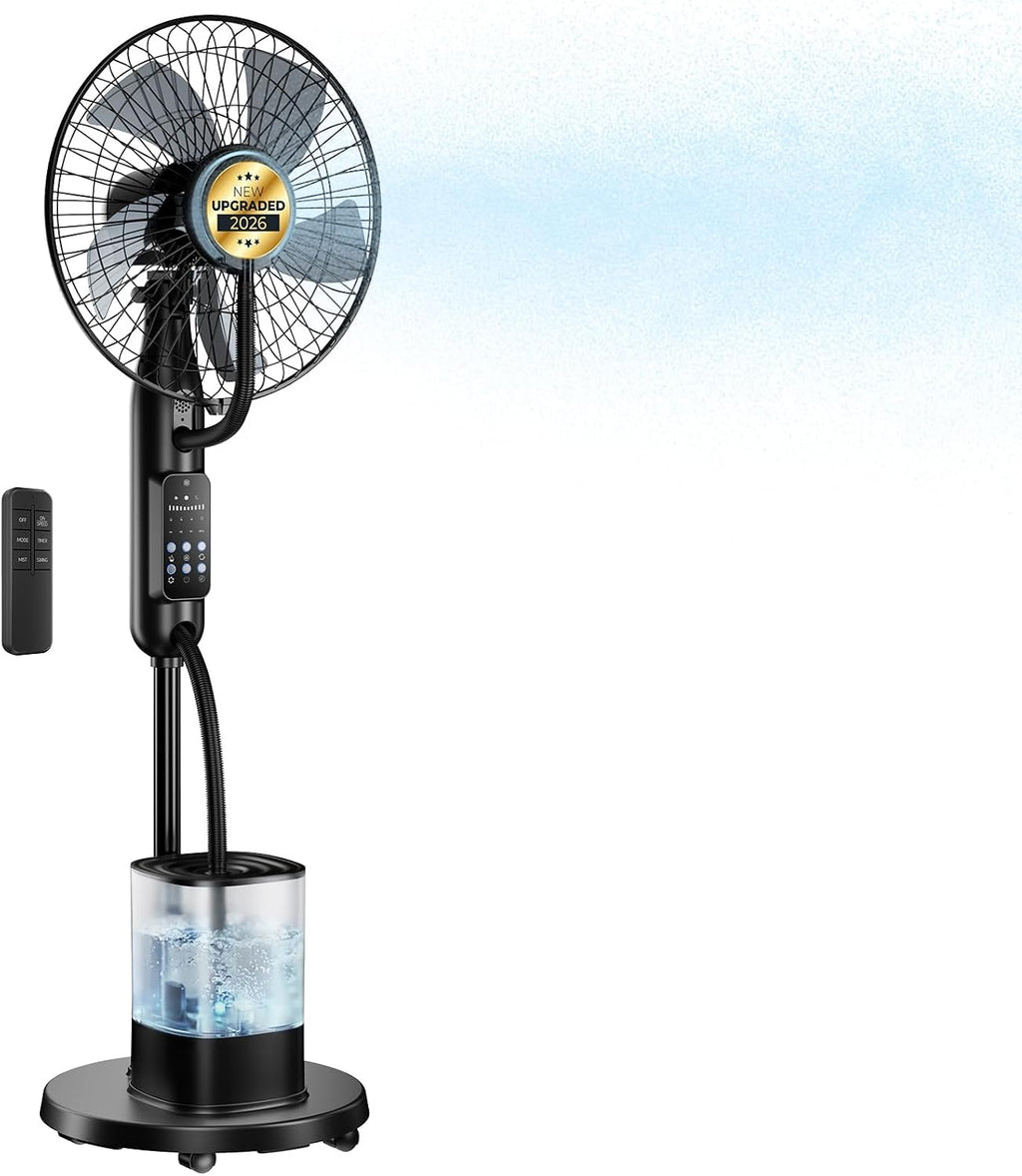 Upgraded Misting Fan, Mister Cooling Fan with 4L Large Water Tank | 5 Speeds 3 Modes 7.5H Timer Mister Fan, 35dB Pedestal Fan with Remote for Home Patio Office Bedroom