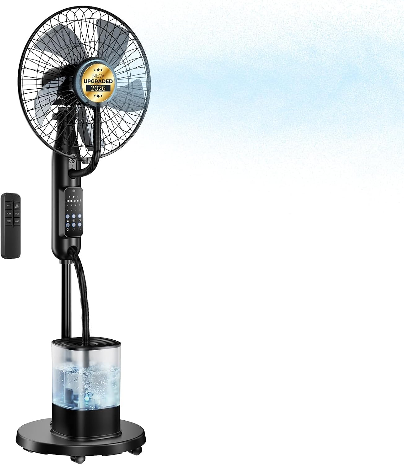 Upgraded Misting Fan, Mister Cooling Fan with 4L Large Water Tank | 5 Speeds 3 Modes 7.5H Timer Mister Fan, 35dB Pedestal Fan with Remote for Home Patio Office Bedroom
