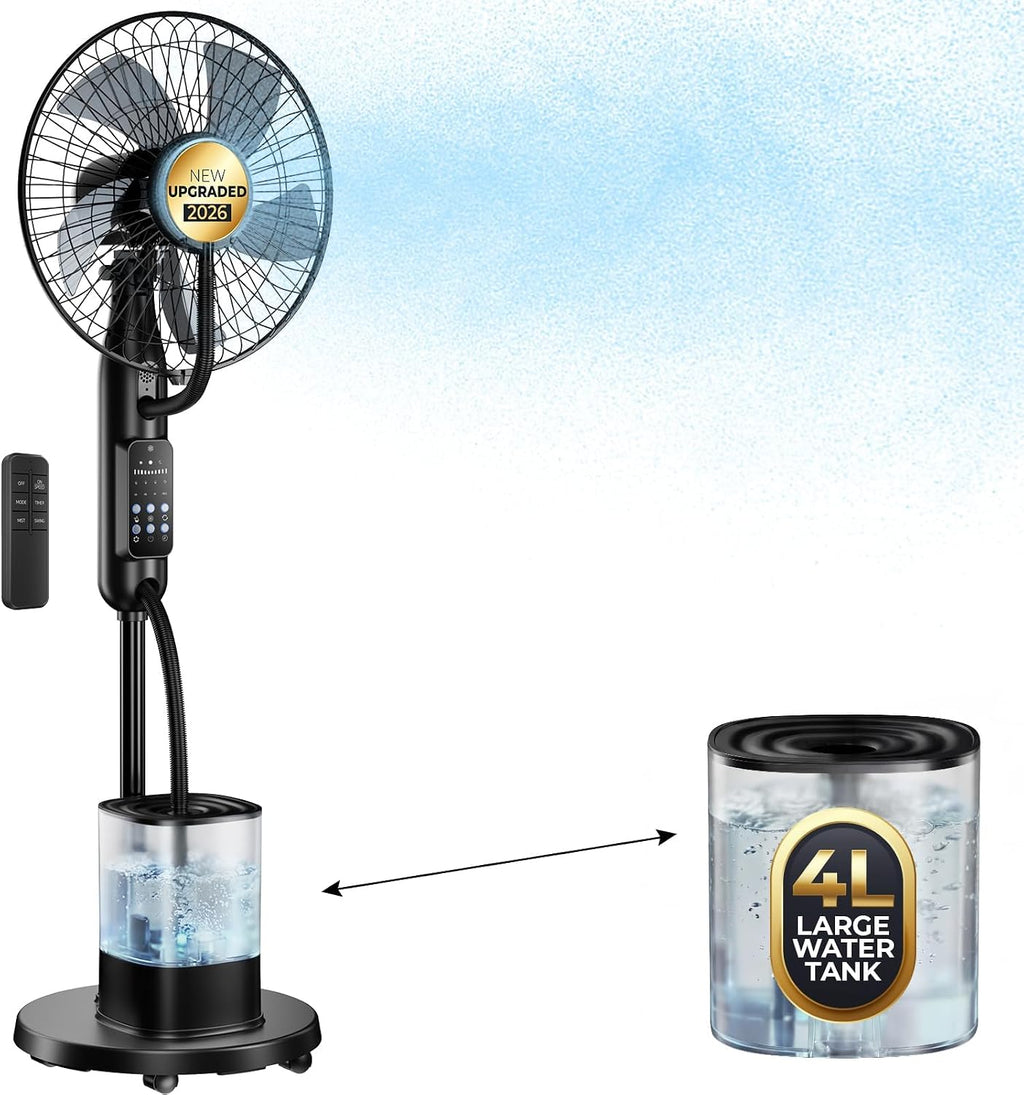 Misting Fan, 2026 Upgraded 4L Large Water Tank Mister Cooling Fan, 5 Speeds 3 Modes Misting Standing Fan, Floor Fan with Remote for Home, Bedroom, Patio, Outdoor
