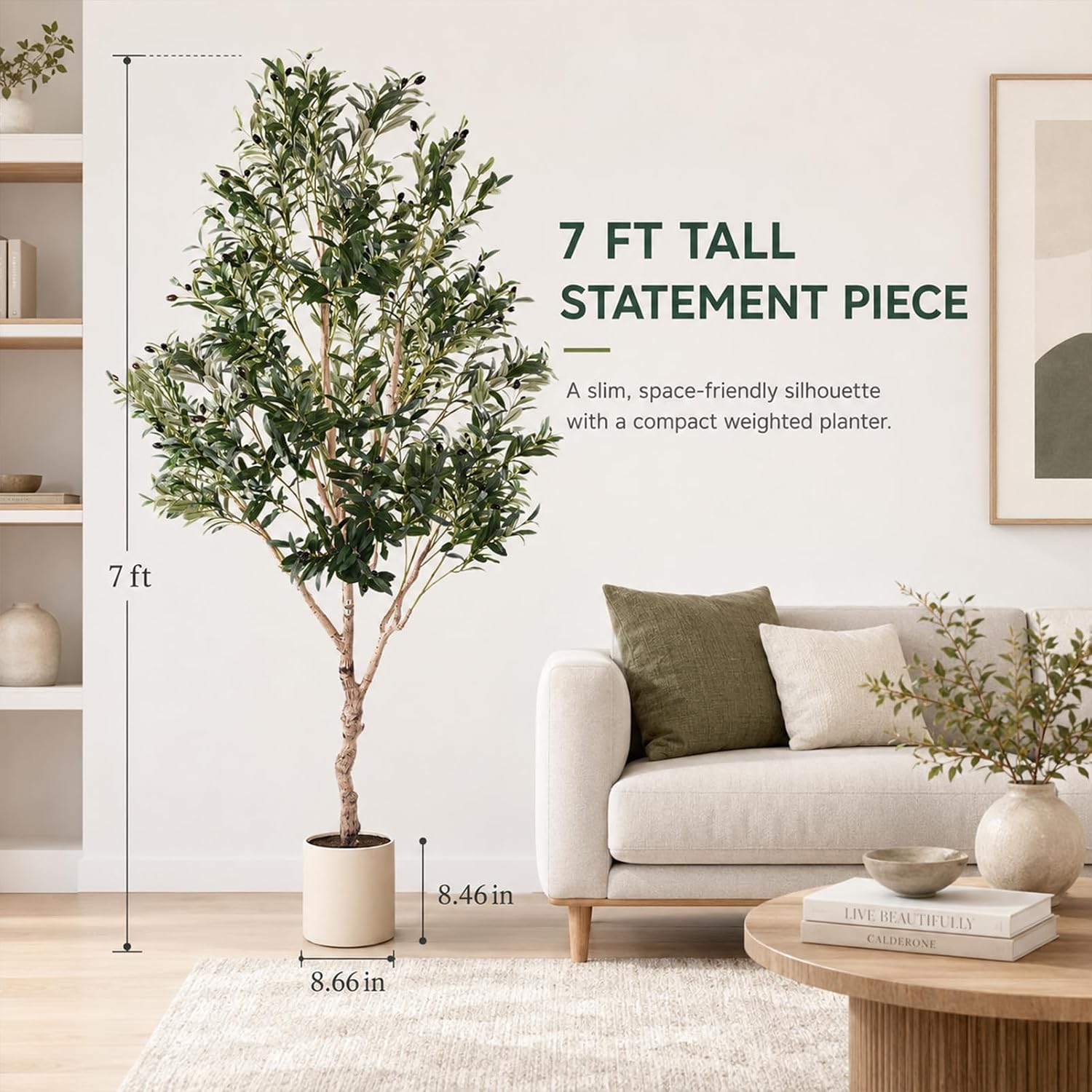 Olive Trees Artificial Indoor 7FT, Upgraded Tall Faux Olive Tree | White Tall Planter, Realistic Faux Olive Tree with Natural Wood Trunk and Lifelike Fruits, for Home/Office Decor Gift