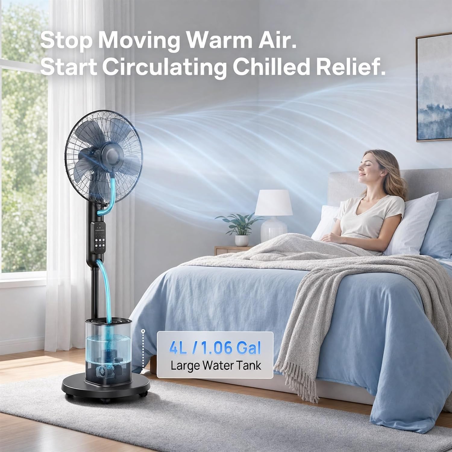Upgraded Misting Fan, Mister Cooling Fan with 4L Large Water Tank | 5 Speeds 3 Modes 7.5H Timer Mister Fan, 35dB Pedestal Fan with Remote for Home Patio Office Bedroom
