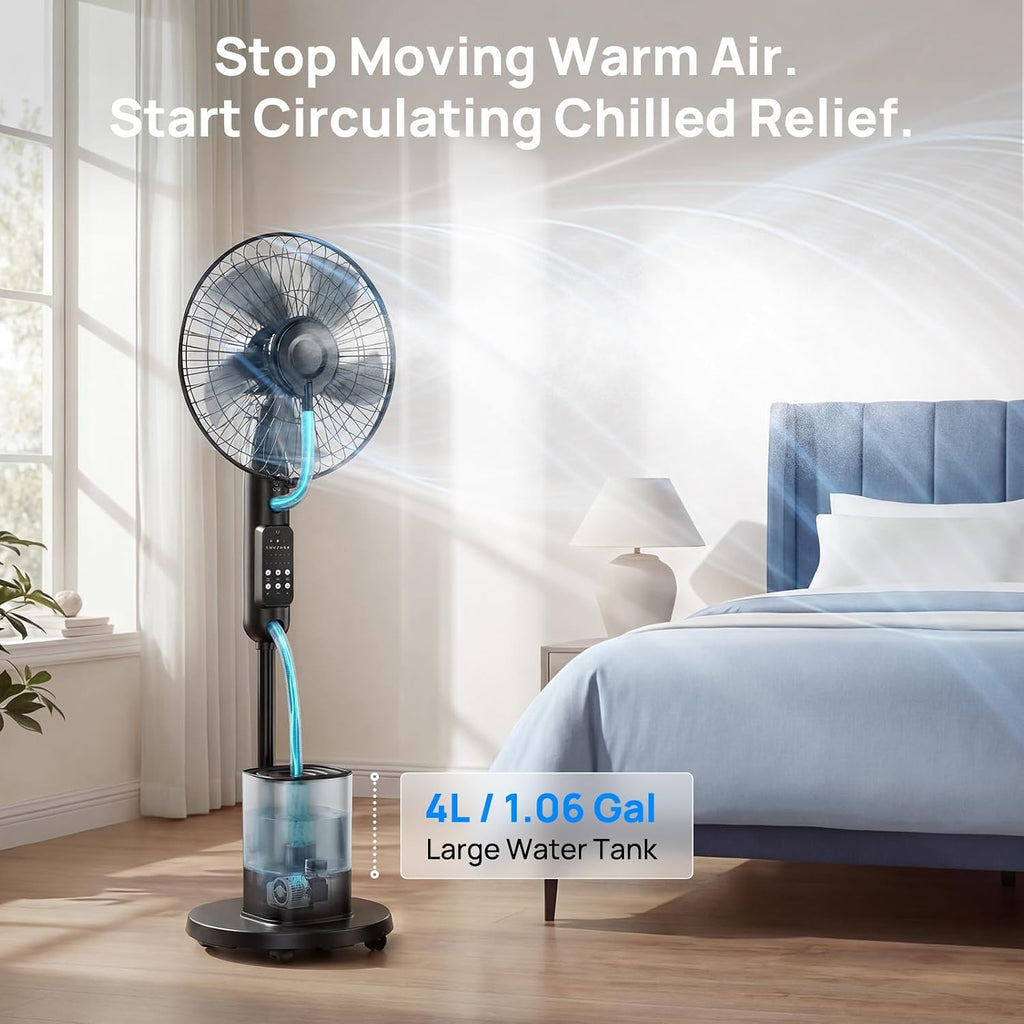 Misting Fan, 2026 Upgraded 4L Large Water Tank Mister Cooling Fan, 5 Speeds 3 Modes Misting Standing Fan, Floor Fan with Remote for Home, Bedroom, Patio, Outdoor