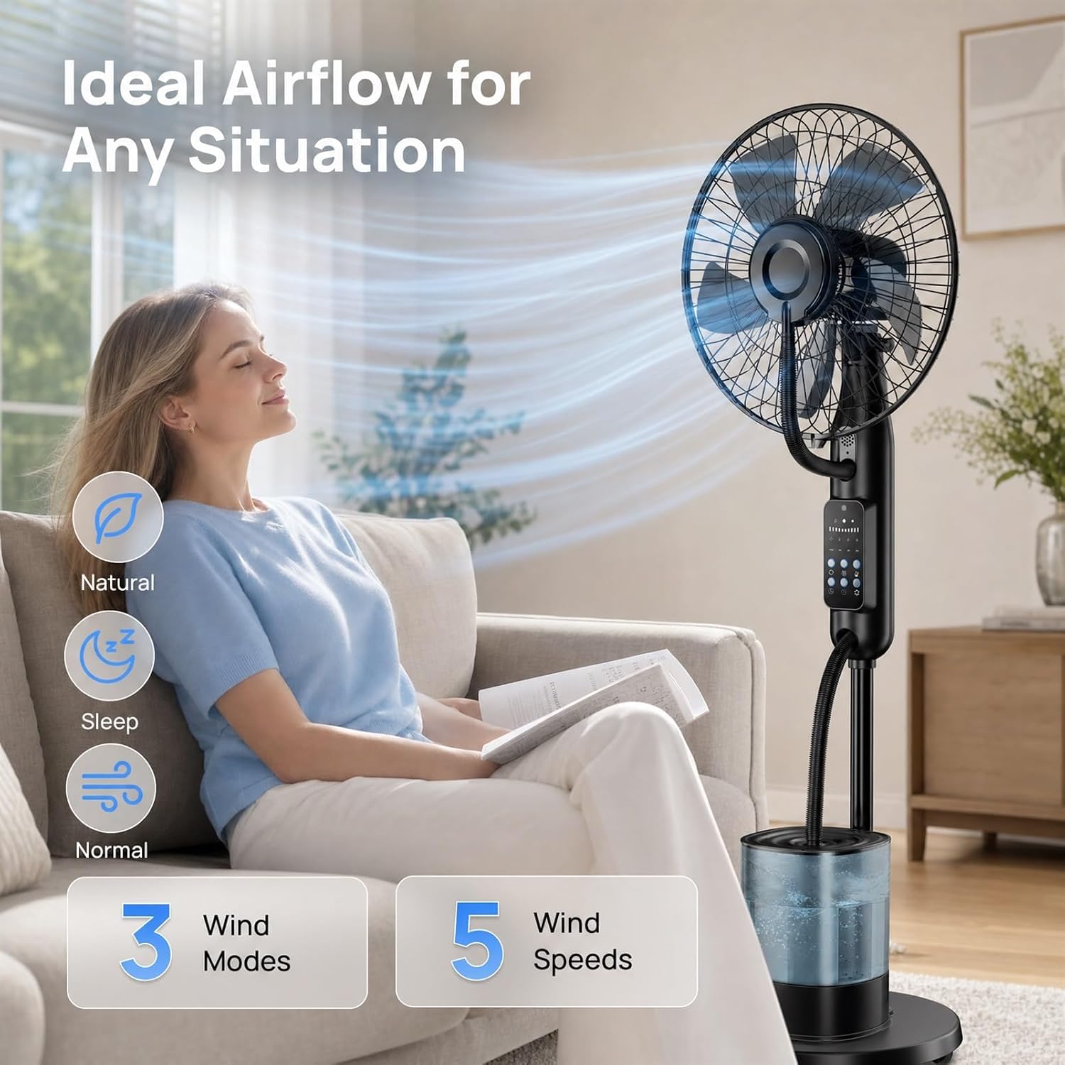 Upgraded Misting Fan, Mister Cooling Fan with 4L Large Water Tank | 5 Speeds 3 Modes 7.5H Timer Mister Fan, 35dB Pedestal Fan with Remote for Home Patio Office Bedroom