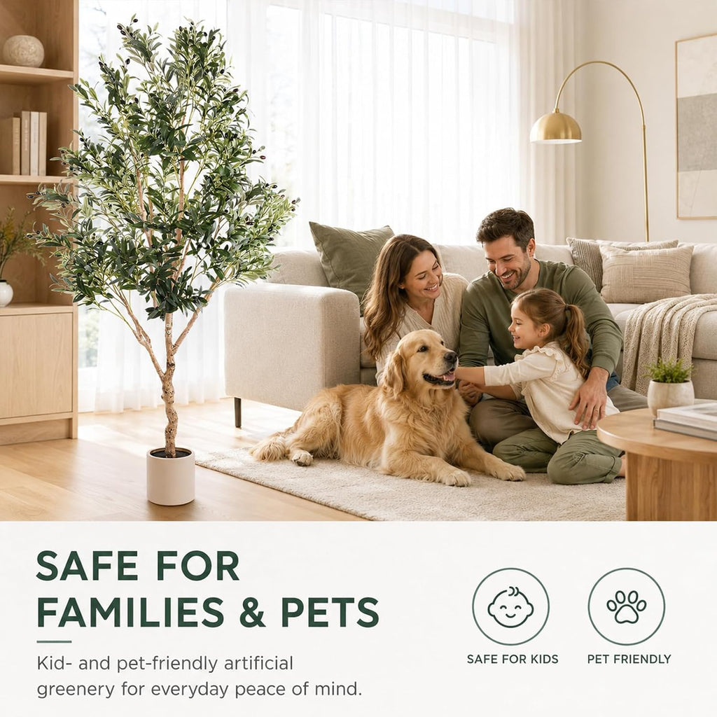 Olive Trees Artificial Indoor 7FT, Upgraded Tall Faux Olive Tree | White Tall Planter, Realistic Faux Olive Tree with Natural Wood Trunk and Lifelike Fruits, for Home/Office Decor Gift