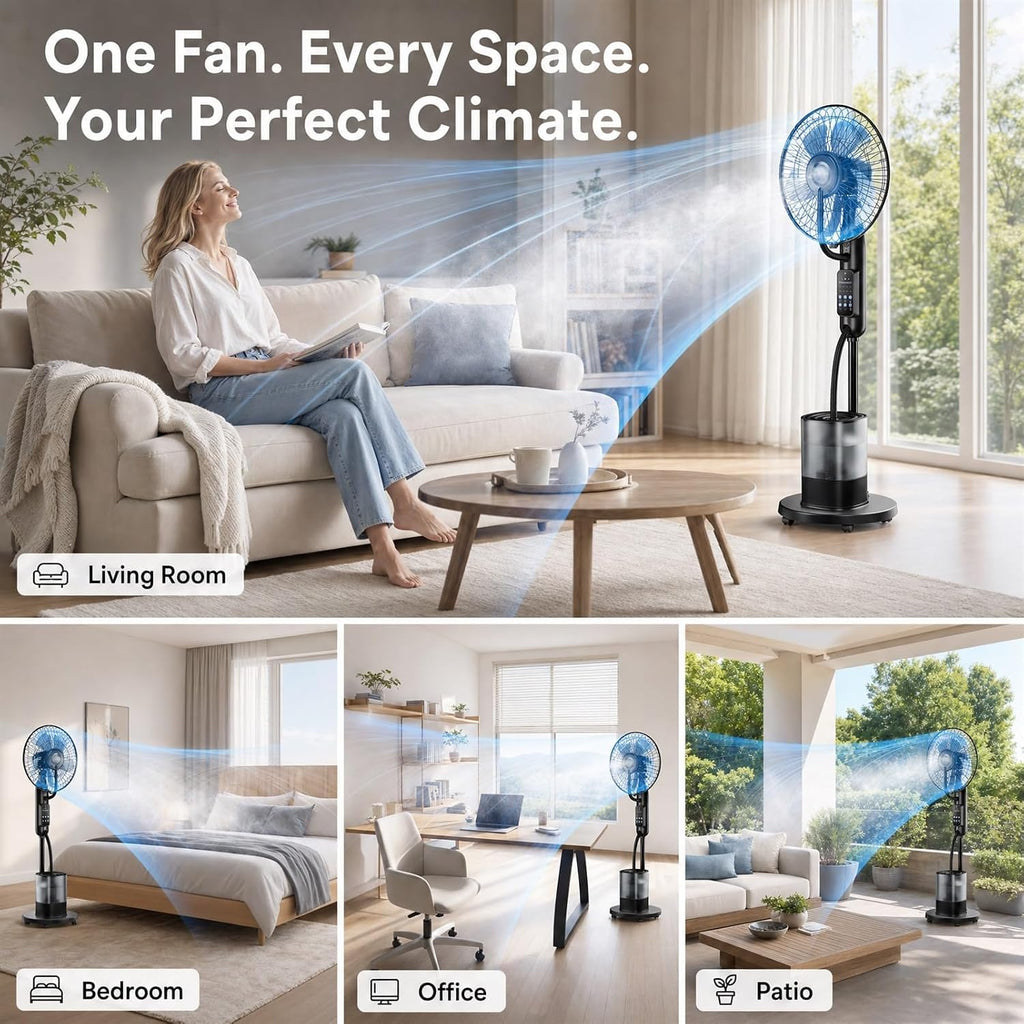 Upgraded Misting Fan, Mister Cooling Fan with 4L Large Water Tank | 5 Speeds 3 Modes 7.5H Timer Mister Fan, 35dB Pedestal Fan with Remote for Home Patio Office Bedroom