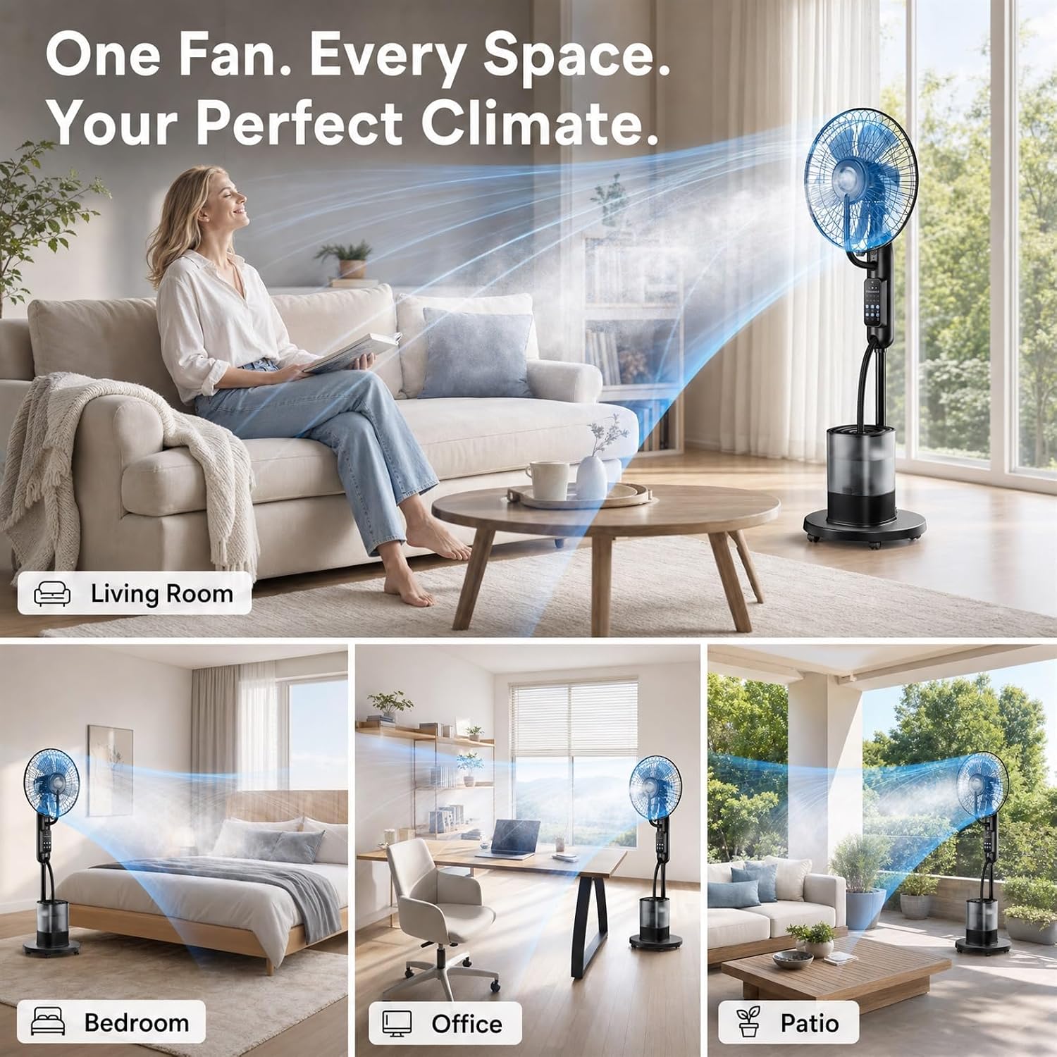 Upgraded Misting Fan, Mister Cooling Fan with 4L Large Water Tank | 5 Speeds 3 Modes 7.5H Timer Mister Fan, 35dB Pedestal Fan with Remote for Home Patio Office Bedroom