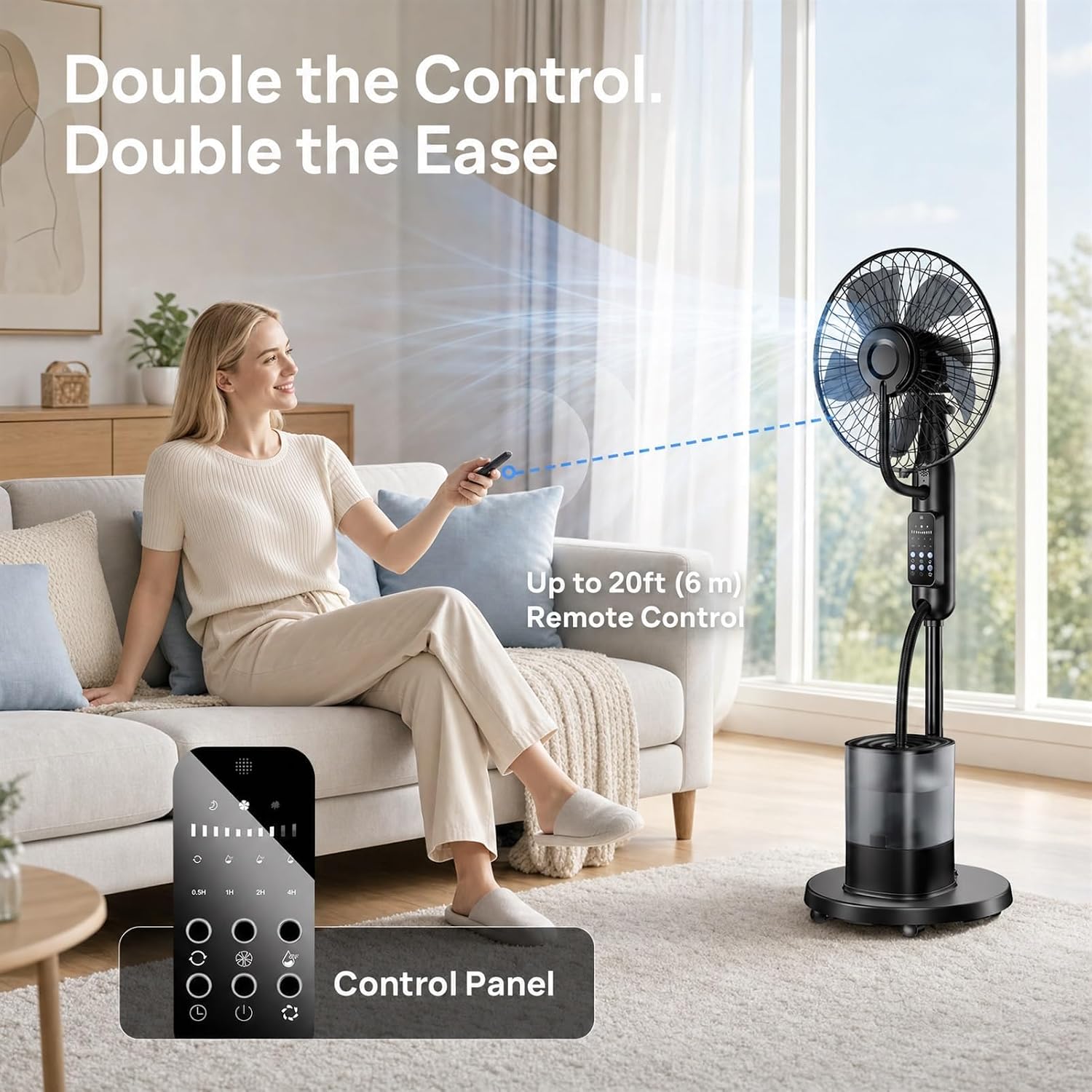 Upgraded Misting Fan, Mister Cooling Fan with 4L Large Water Tank | 5 Speeds 3 Modes 7.5H Timer Mister Fan, 35dB Pedestal Fan with Remote for Home Patio Office Bedroom