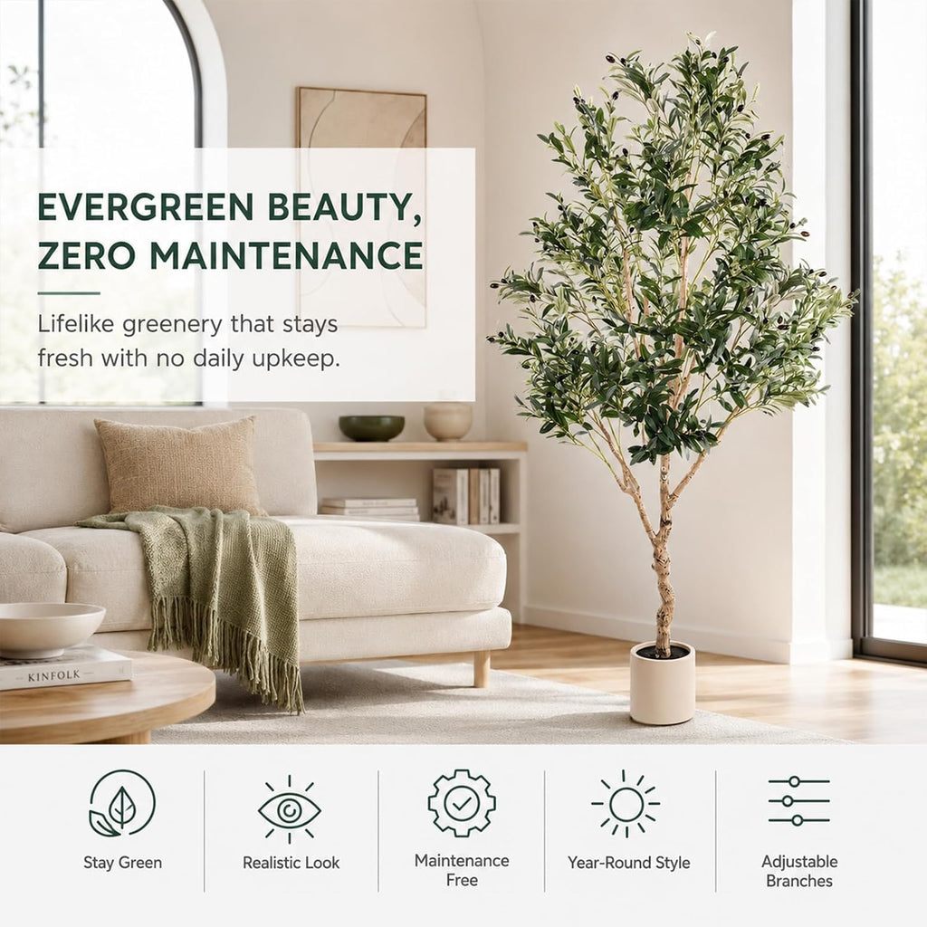 Olive Trees Artificial Indoor 7FT, Upgraded Tall Faux Olive Tree | White Tall Planter, Realistic Faux Olive Tree with Natural Wood Trunk and Lifelike Fruits, for Home/Office Decor Gift