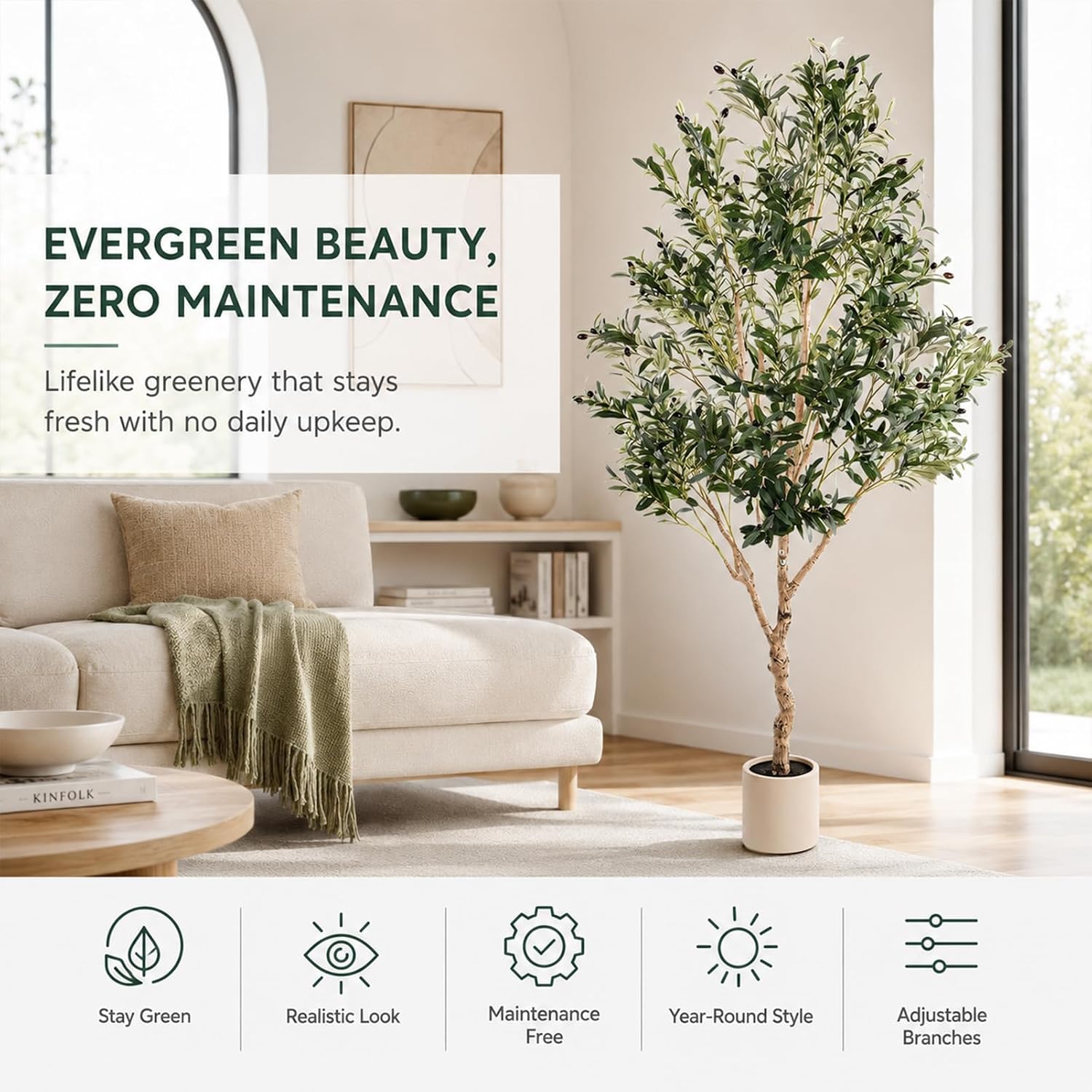 Olive Trees Artificial Indoor 7FT, Upgraded Tall Faux Olive Tree | White Tall Planter, Realistic Faux Olive Tree with Natural Wood Trunk and Lifelike Fruits, for Home/Office Decor Gift